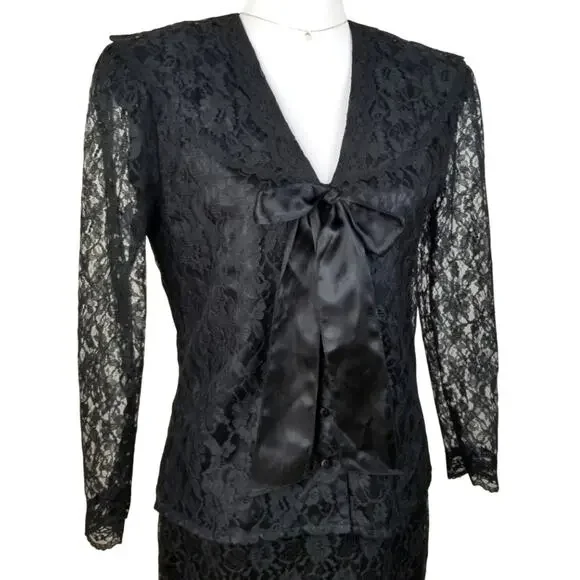 VTG 80s Gunne Sax Black Lace Jacket Skirt Suit M Whimsigoth Vamp Retro Pinup